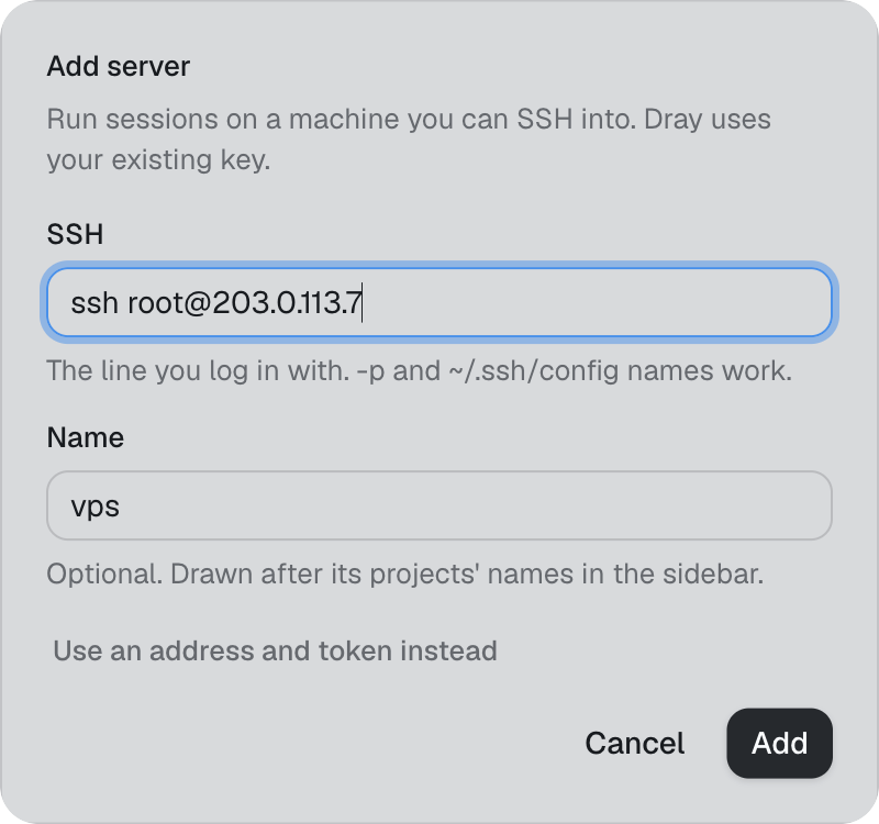 The Add server dialog with an SSH line pasted in