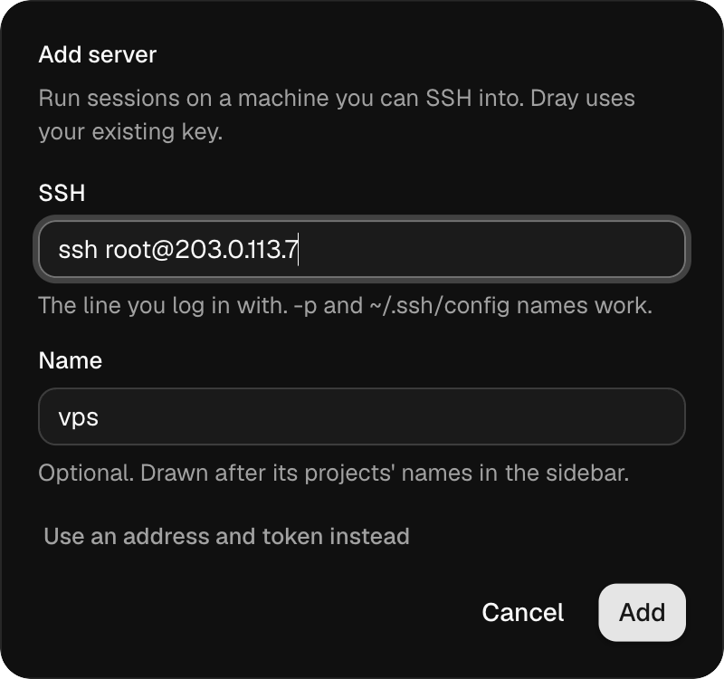 The Add server dialog with an SSH line pasted in