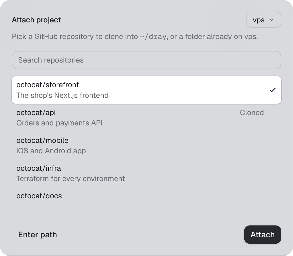 The Attach project dialog listing GitHub repos on the server