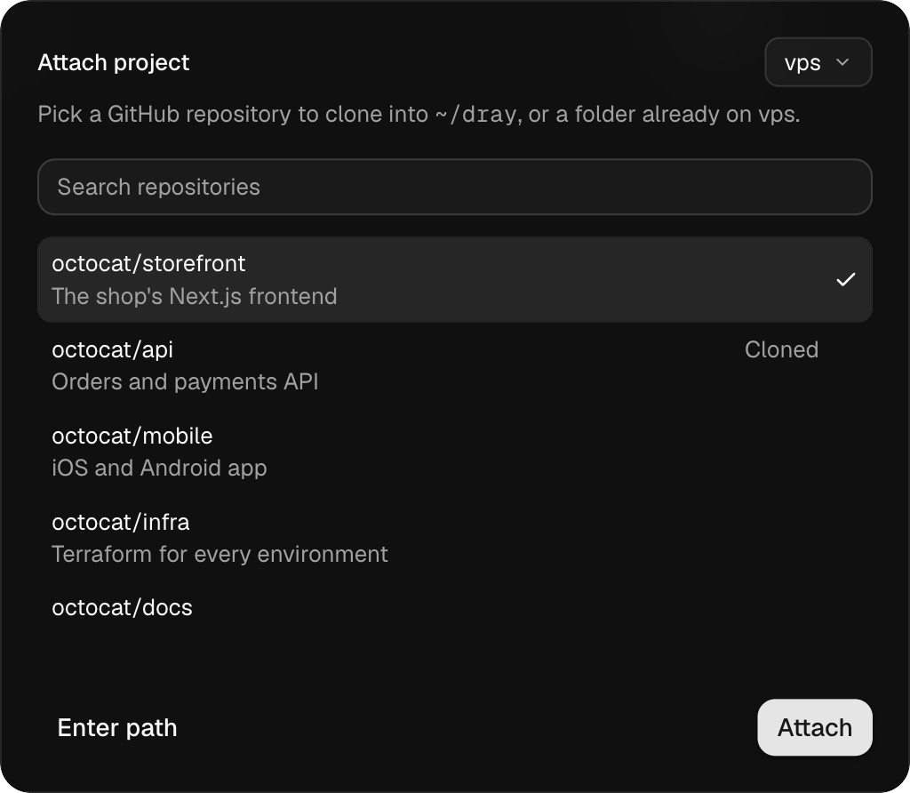 The Attach project dialog listing GitHub repos on the server