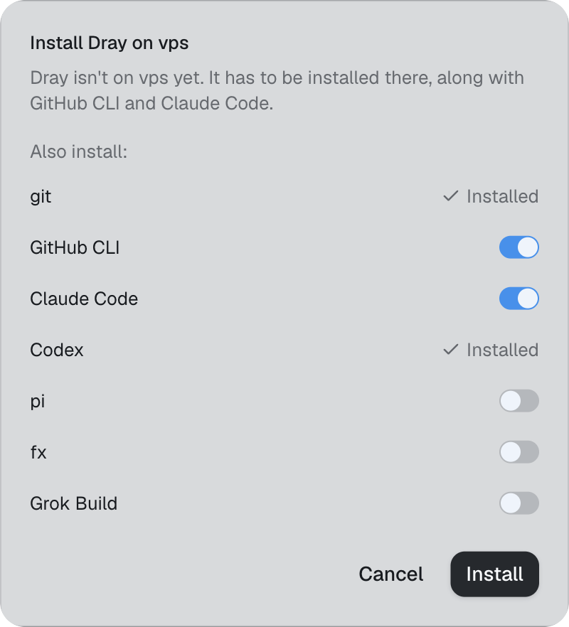 The install dialog, listing what is already on the server and what to add