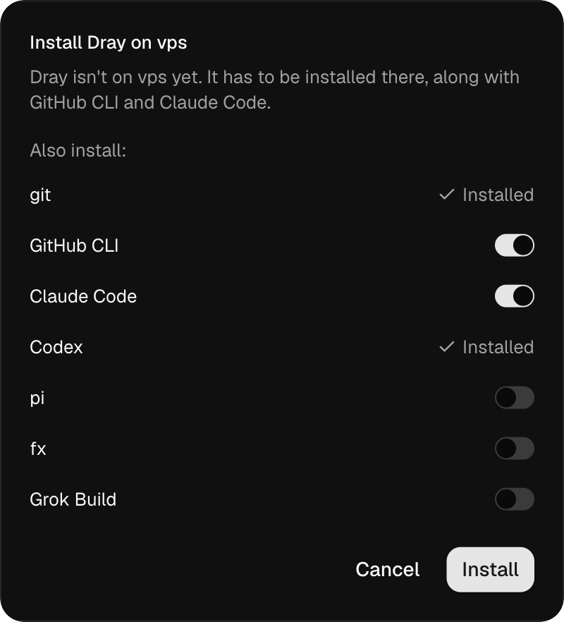 The install dialog, listing what is already on the server and what to add