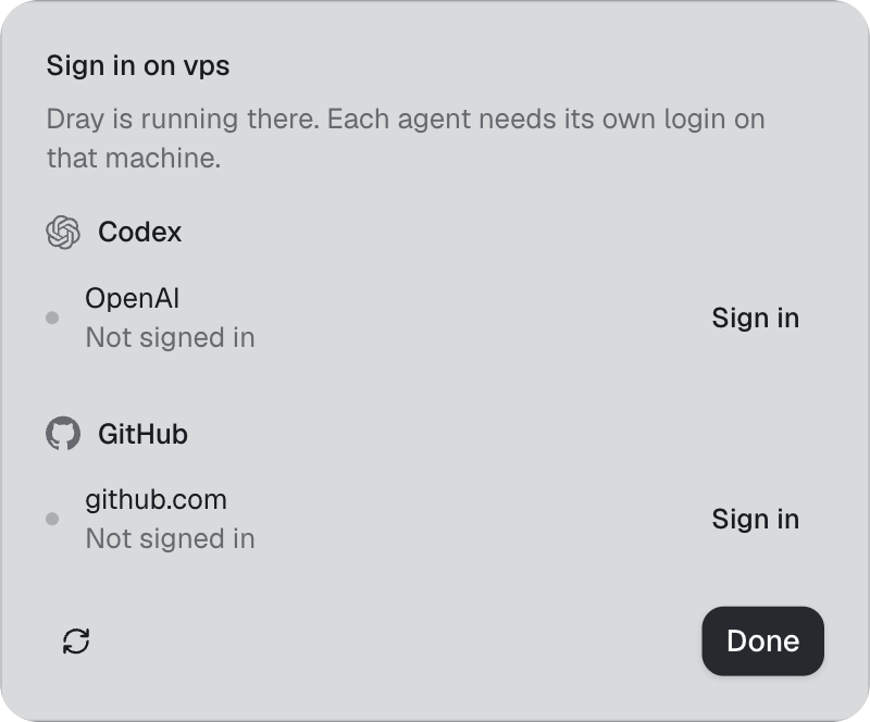 The sign-in dialog, listing each login the server still needs