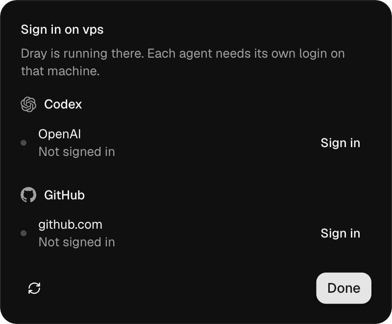The sign-in dialog, listing each login the server still needs